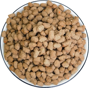 Bowl of Lucky Mascot soft fresh chicken dog food, human grade texture made in USA