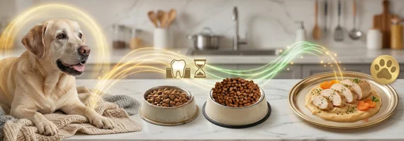 Senior dog with dental issues eating soft fresh food